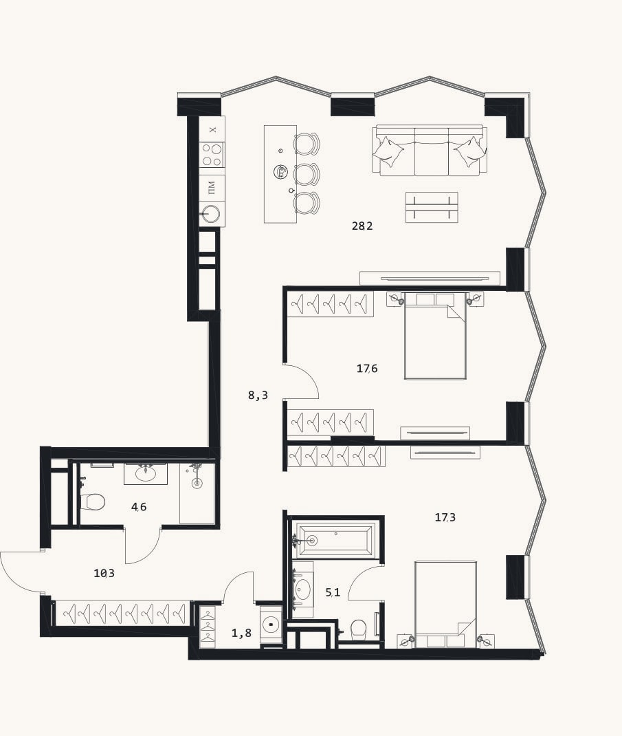 Планировка: 3-к, 93,2 м²