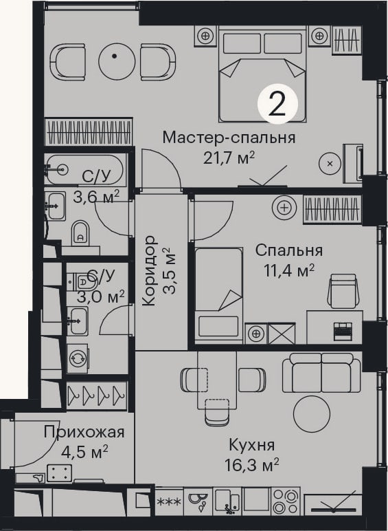 Планировка: 3-к, 64 м²