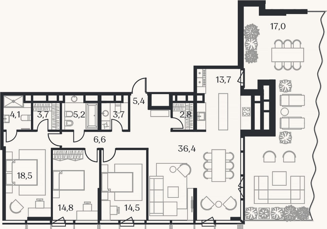 Планировка: 4+ к, 125,7 м²