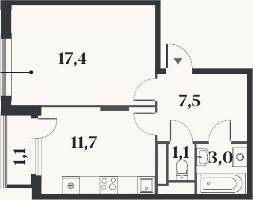 Планировка: 1-к, 40,6 м²
