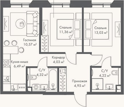 Планировка: 3-к, 59 м²