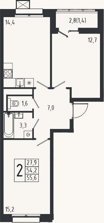 Планировка: 2-к, 54,2 м²