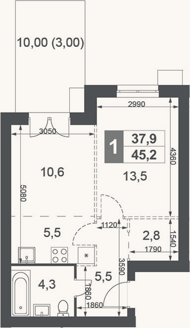 Планировка: 1-к, 42,2 м²