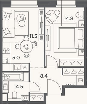 Планировка: 2-к, 44,2 м²