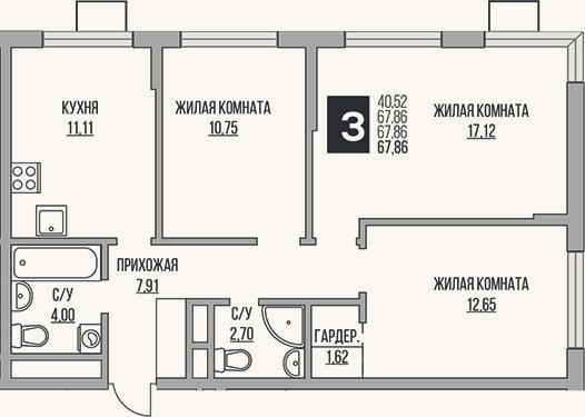 Планировка: 3-к, 67,9 м²