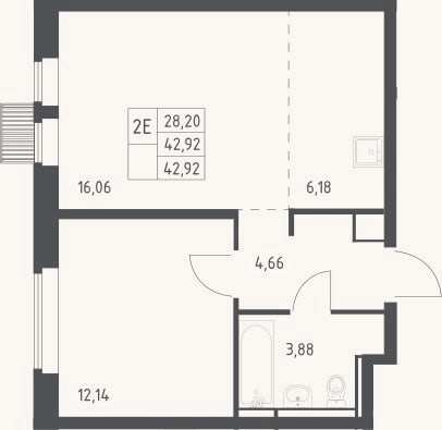 Планировка: 2-к, 42,9 м²