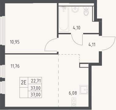 Планировка: 2-к, 37 м²