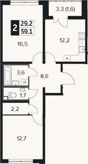 Планировка: 2-к, 58,9 м²