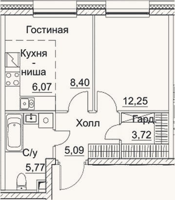 Планировка: 1-к, 41,3 м²