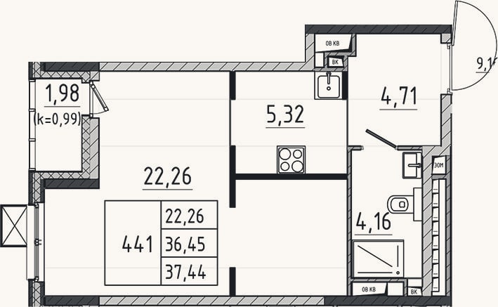Планировка: Студия, 36,5 м²