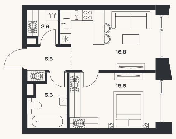 Планировка: 2-к, 44,4 м²