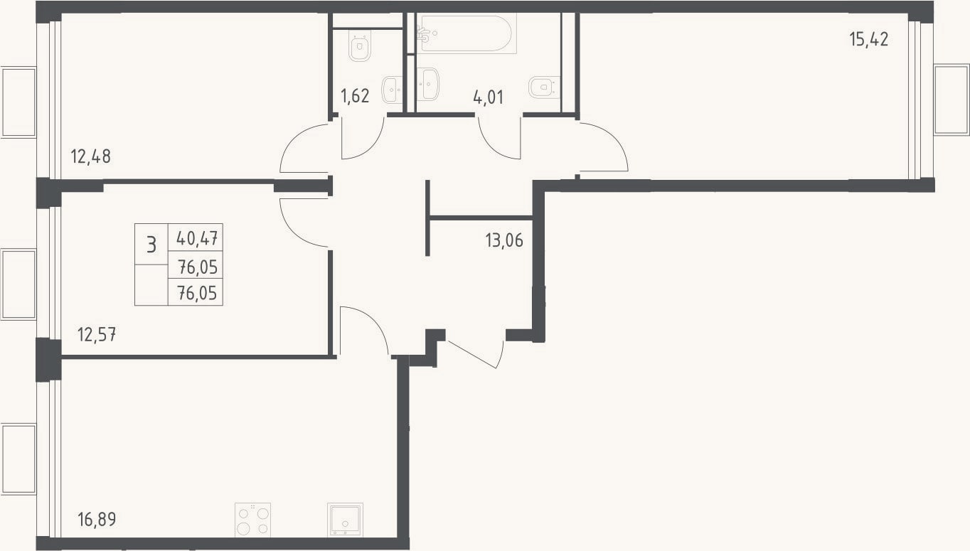 Планировка: 3-к, 76,1 м²