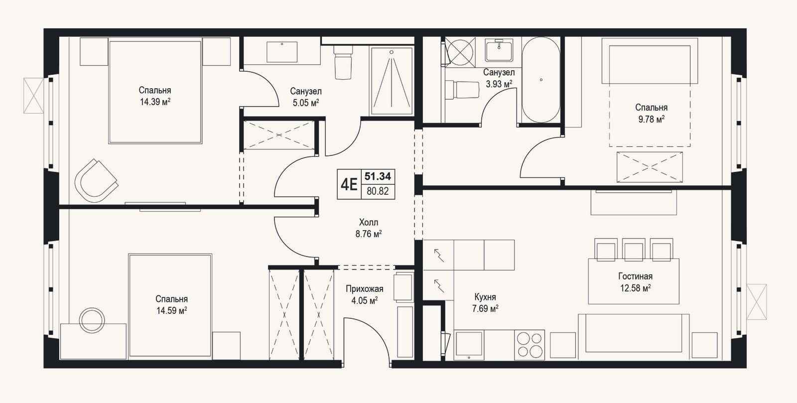 Планировка: 4+ к, 80,8 м²