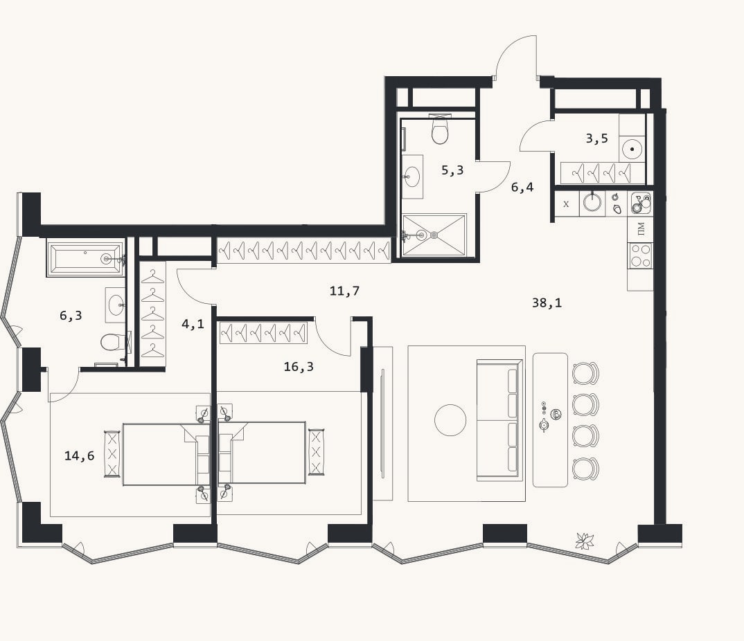Планировка: 3-к, 106,3 м²