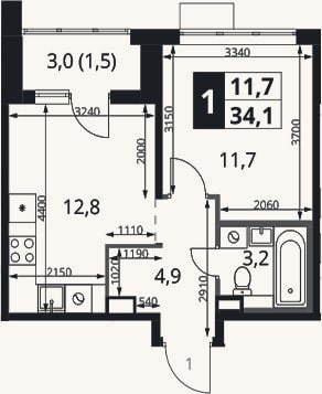 Планировка: 1-к, 32,6 м²