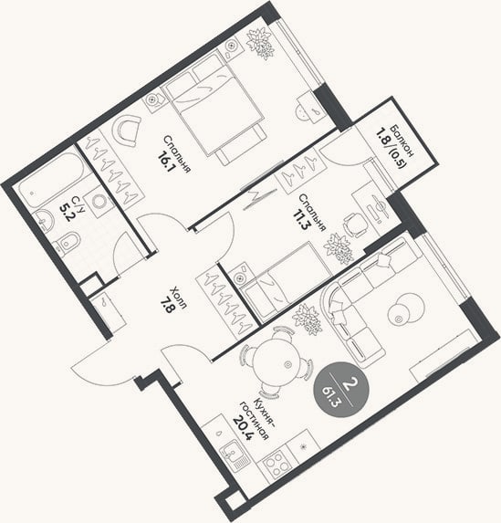 Планировка: 3-к, 60,8 м²