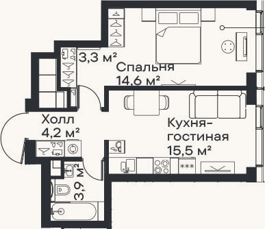 Планировка: 2-к, 41,5 м²