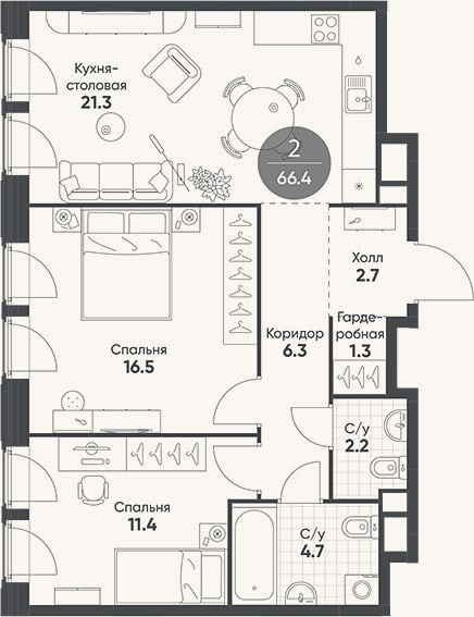 Планировка: 3-к, 66,4 м²