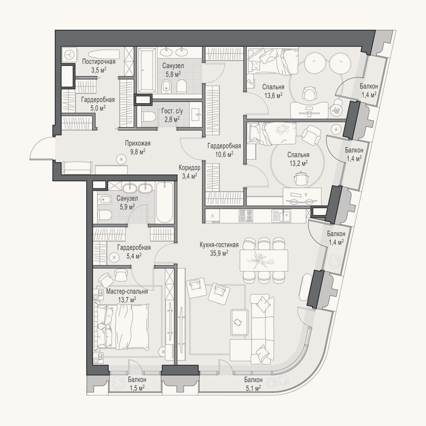 Планировка: 4+ к, 131 м²
