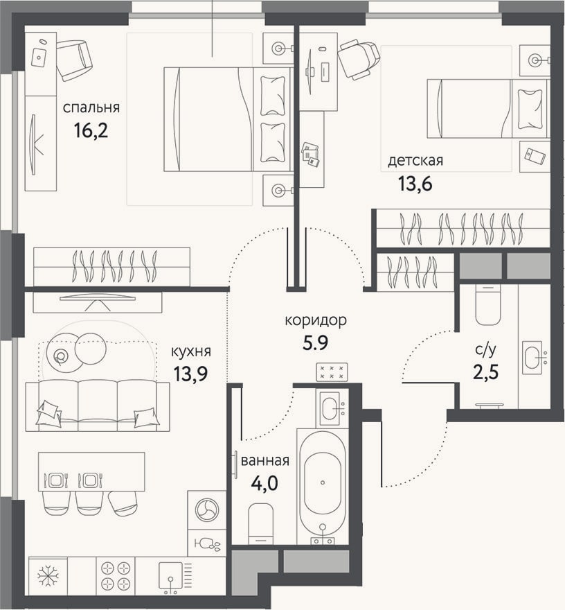 Планировка: 2-к, 56,1 м²