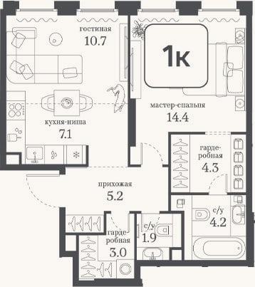 Планировка: 1-к, 50,8 м²