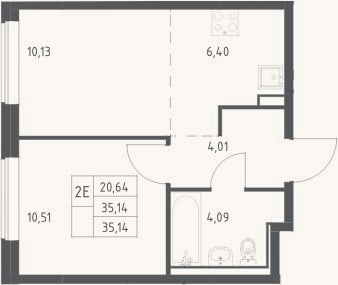 Планировка: 2-к, 35,1 м²