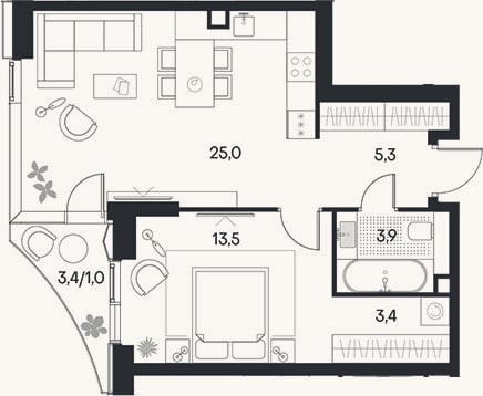 Планировка: 2-к, 51,1 м²
