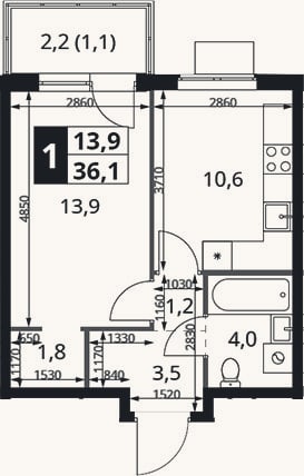 Планировка: 1-к, 35 м²