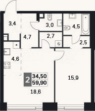 Планировка: 2-к, 59,9 м²