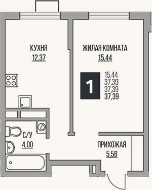 Планировка: 1-к, 37,4 м²