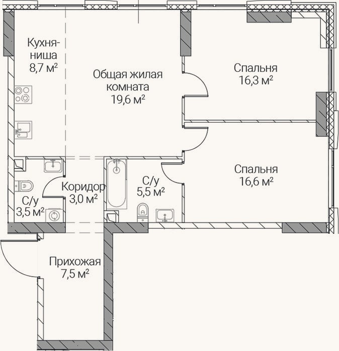 Планировка: 3-к, 80,7 м²