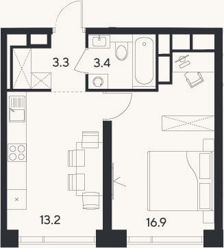 Планировка: 1-к, 36,8 м²