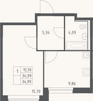 Планировка: 1-к, 35 м²