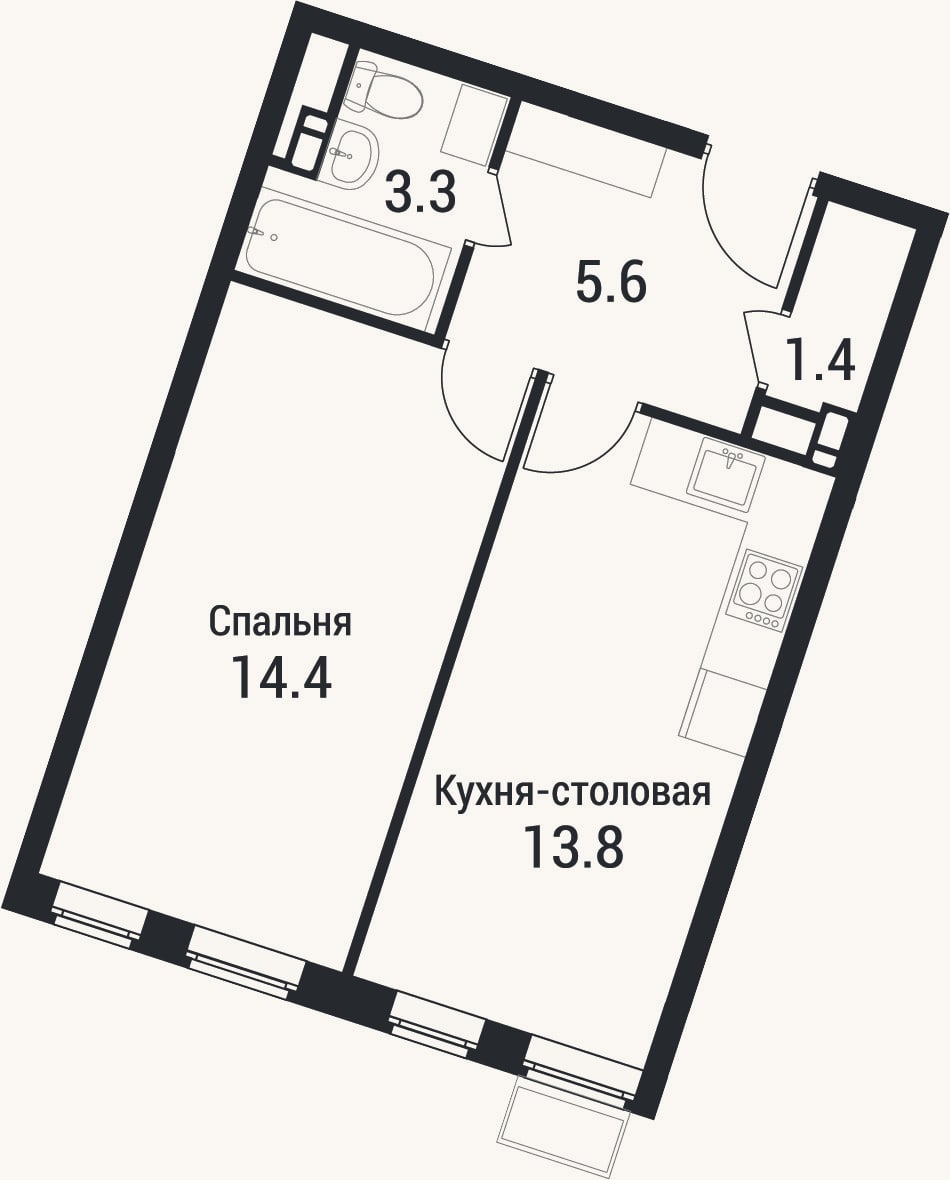 Планировка: 1-к, 38,5 м²