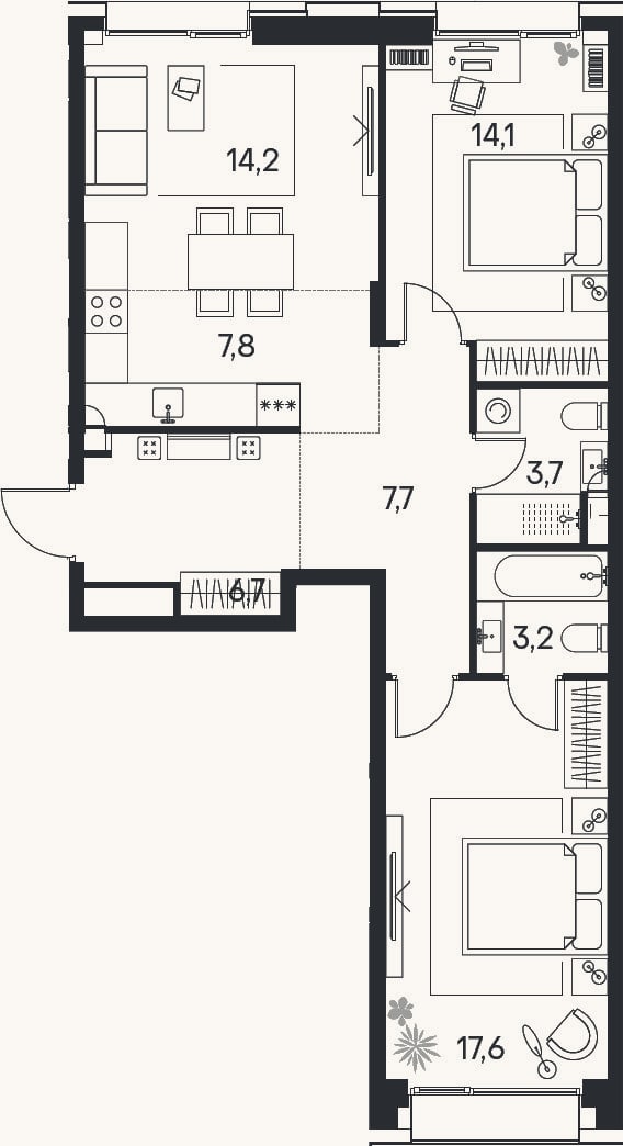Планировка: 3-к, 75 м²