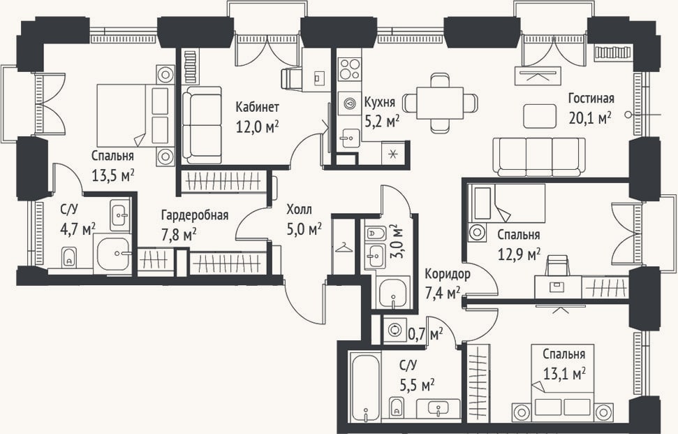 Планировка: 4+ к, 110,7 м²