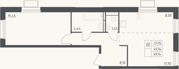 Планировка: 2-к, 49,1 м²