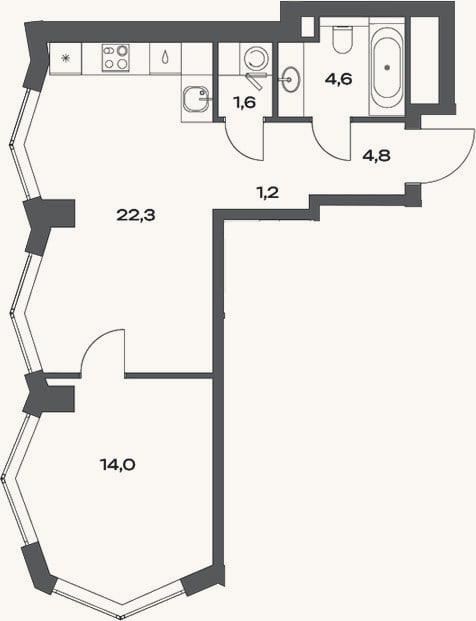 Планировка: 2-к, 48,4 м²