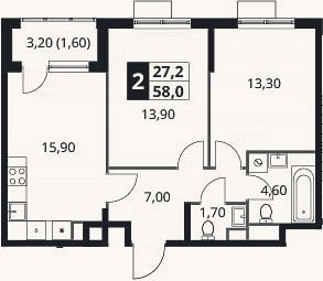 Планировка: 2-к, 56,4 м²