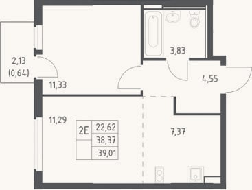 Планировка: 2-к, 38,4 м²