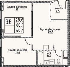 Планировка: 3-к, 60,1 м²