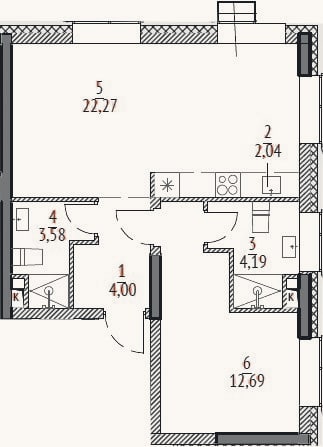 Планировка: 2-к, 51,7 м²