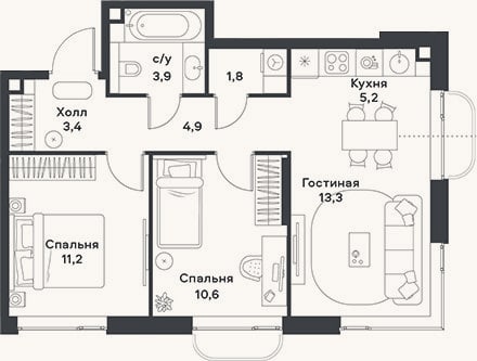 Планировка: 3-к, 54,3 м²