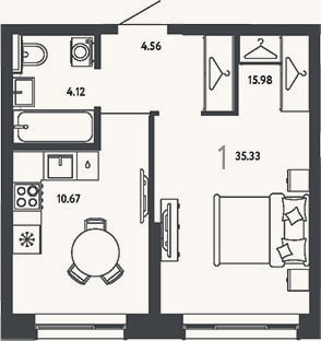 Планировка: 1-к, 35,3 м²