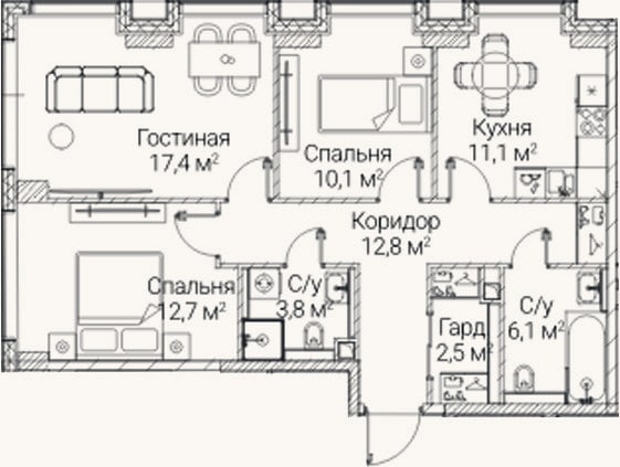 Планировка: 3-к, 76,5 м²