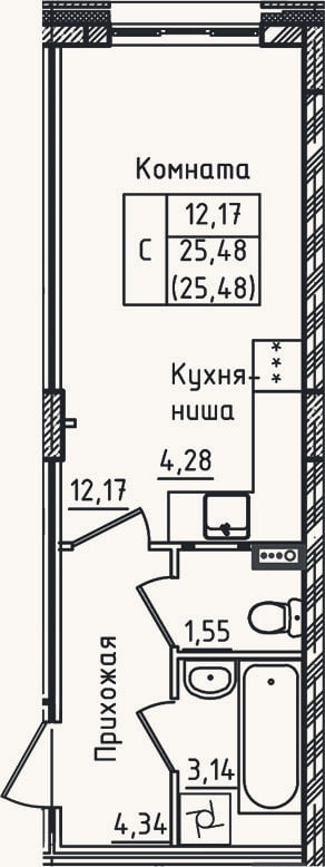 Планировка: Студия, 25,5 м²