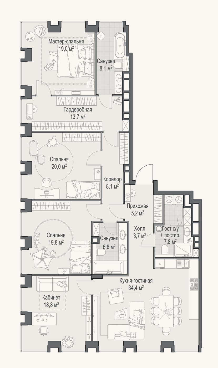 Планировка: 4+ к, 165,4 м²