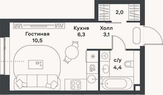 Планировка: Студия, 26,3 м²
