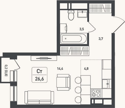Планировка: Студия, 26,4 м²