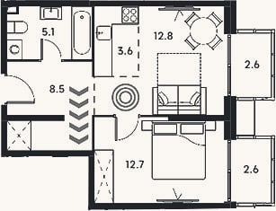 Планировка: 2-к, 42,7 м²